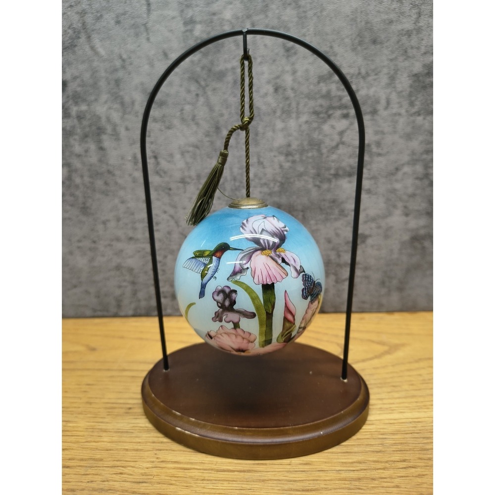 Tom Wood Floral Glass Round Ornament with Stand, Light Blue Pink Green